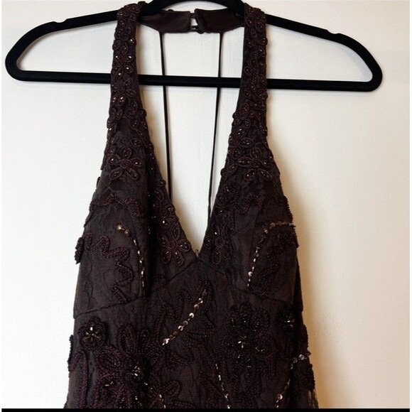 Sue Wong Nocturne Formal Dress Brown Lace Beaded Halter Maxi Size 8 - Picture 3 of 16